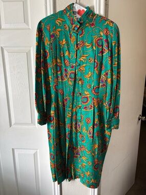 Vtg Adrianna Papell Teal Green Paisley Midi Dress with Mustard and Pink Accents